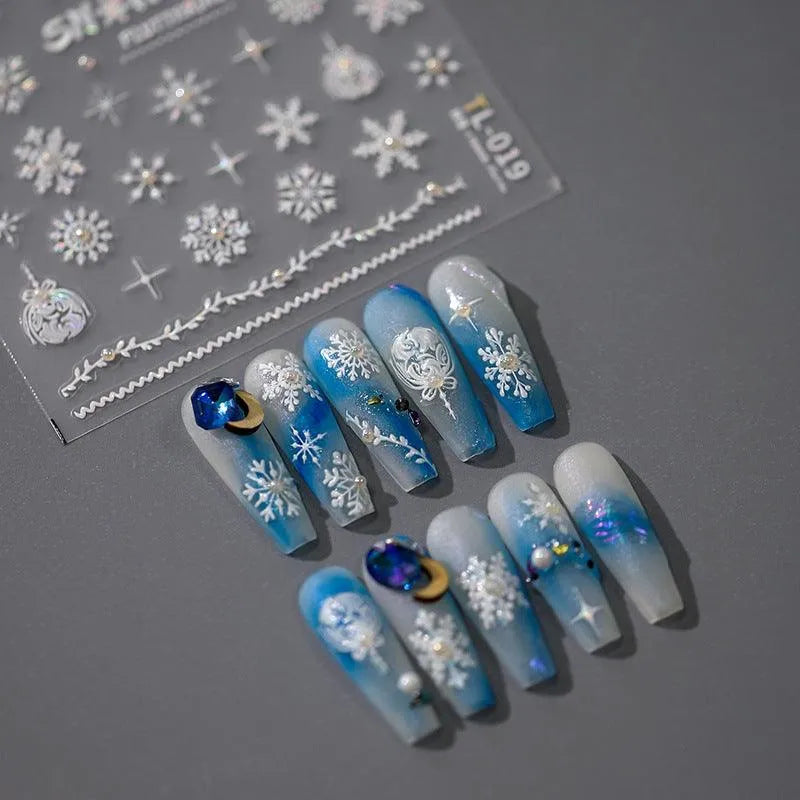 White Snowflake Nail Art Stickers with Beads Winter Snow Adhesive Sticker Decals TL019