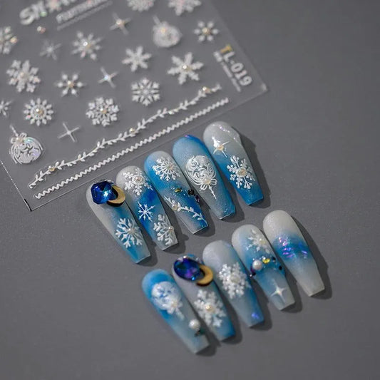 White Snowflake Nail Art Stickers with Beads Winter Snow Adhesive Sticker Decals TL019