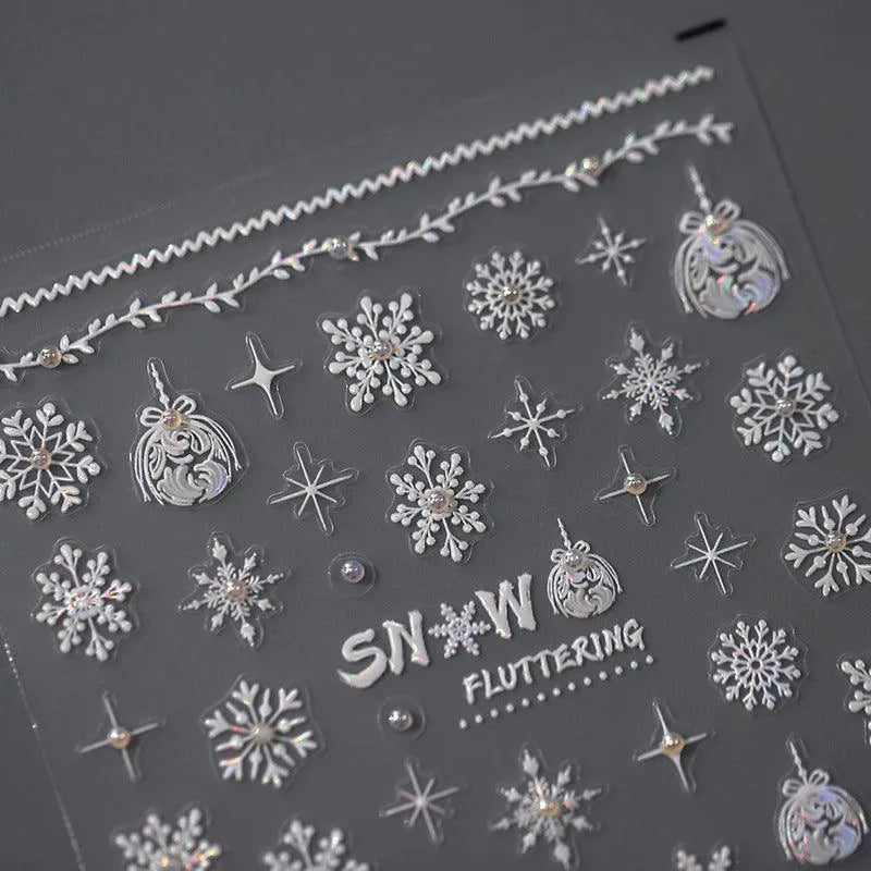 White Snowflake Nail Art Stickers with Beads Winter Snow Adhesive Sticker Decals TL019