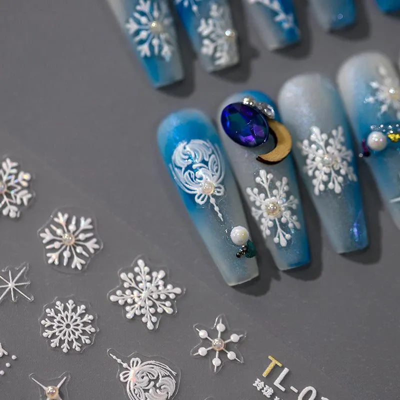 White Snowflake Nail Art Stickers with Beads Winter Snow Adhesive Sticker Decals TL019