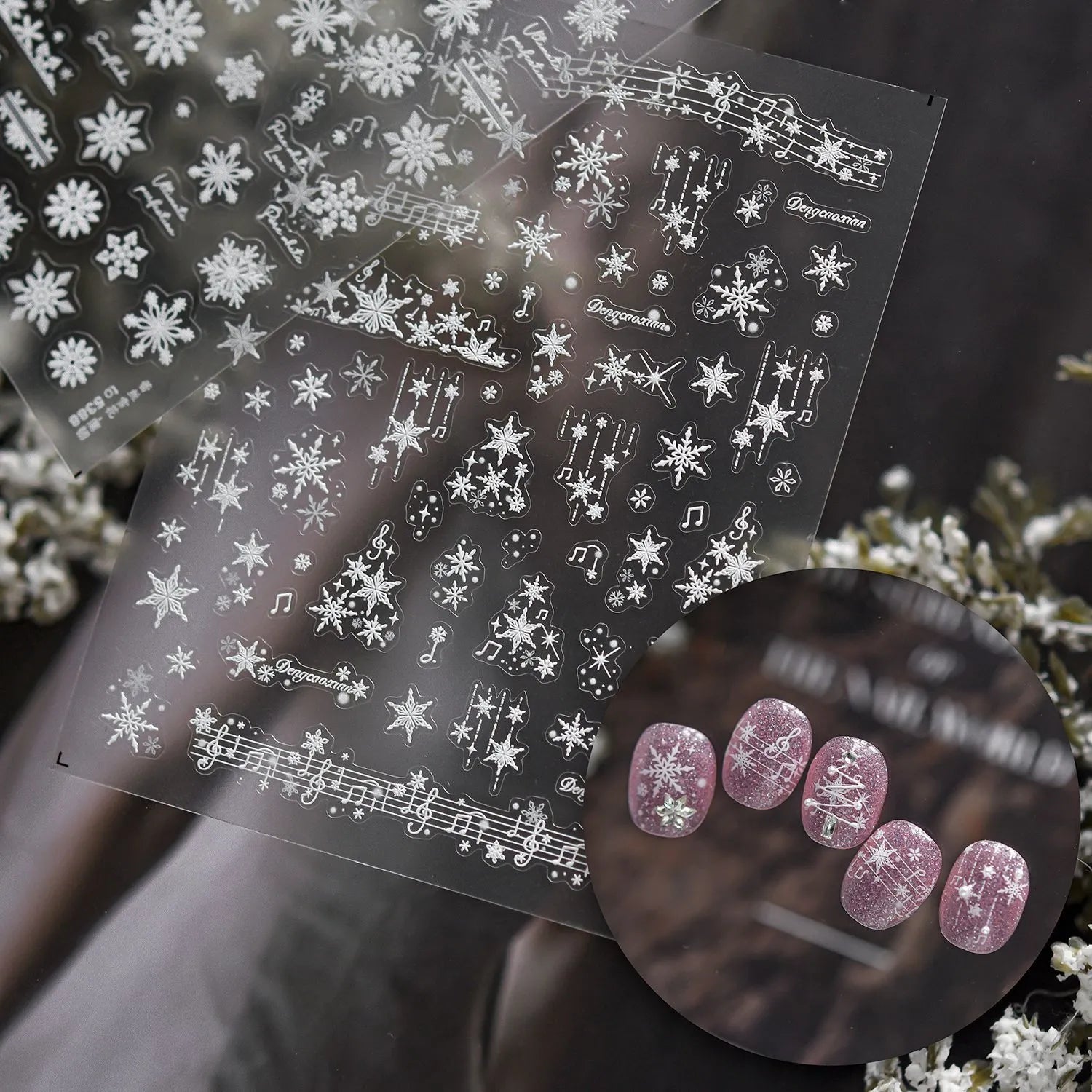 White Snowflake & Star Nail Art Stickers | Music Notes Decals