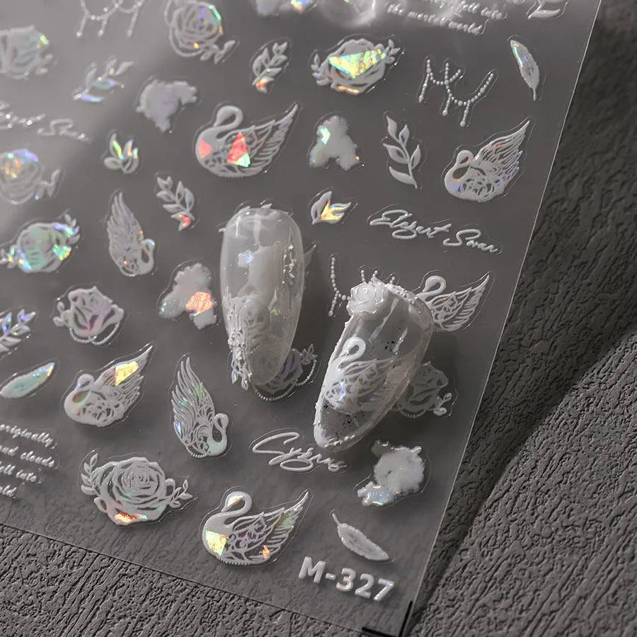White Swan Nail Art Stickers Adhesive Slider Swan Flower Sticker Decals M327