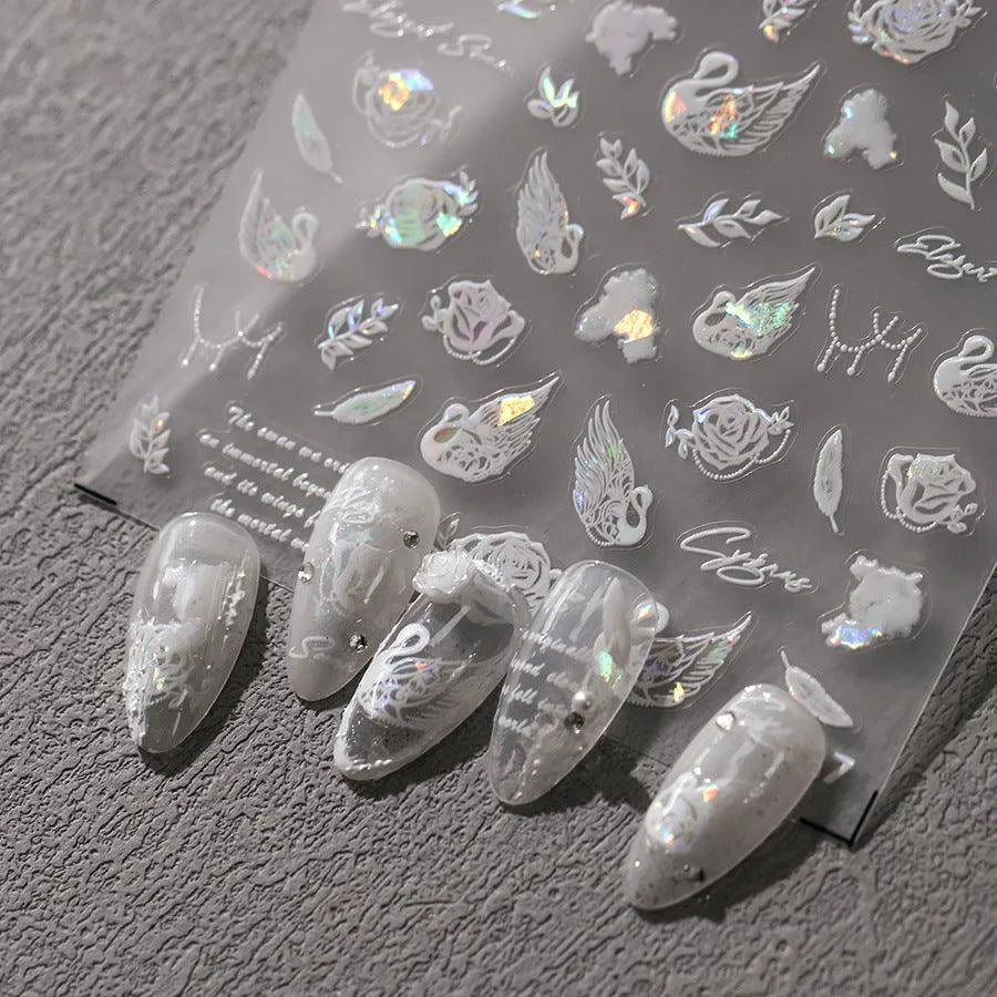 White Swan Nail Art Stickers Adhesive Slider Swan Flower Sticker Decals M327