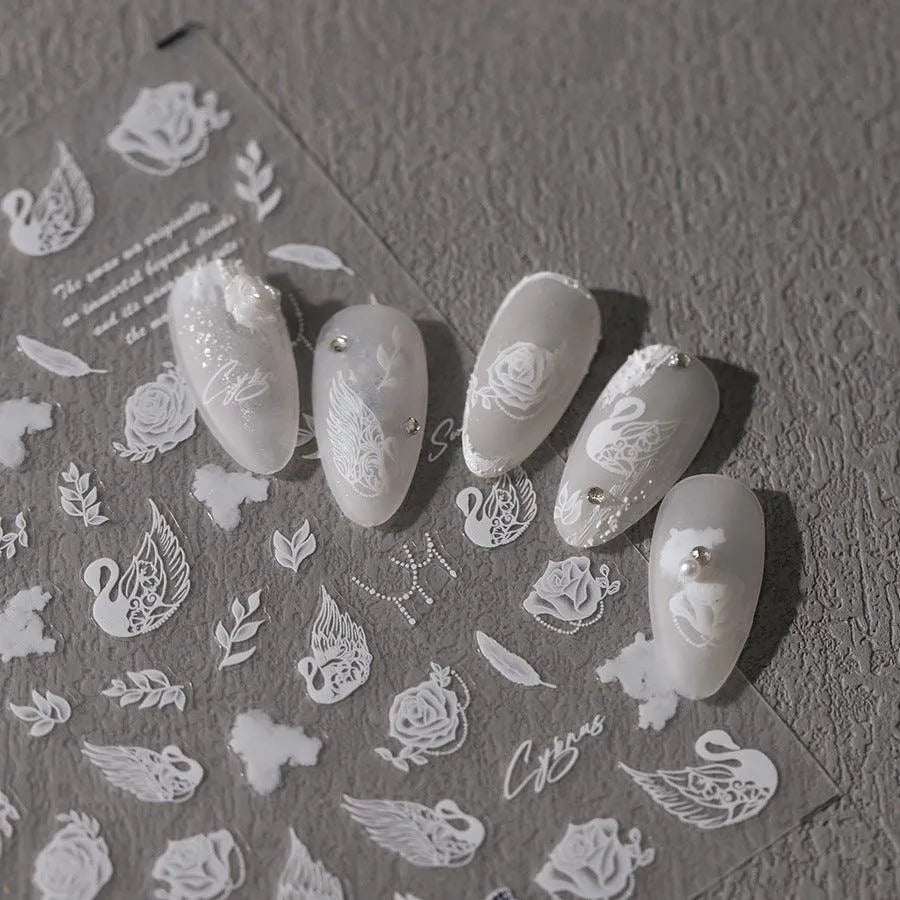White Swan Nail Art Stickers Adhesive Slider Swan Flower Sticker Decals M327