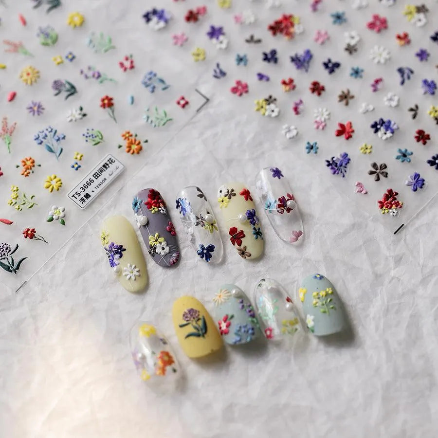Wild Flowers Nail Art Stickers Adhesive Embossed Mini Floral Spring Trend Sticker Decals