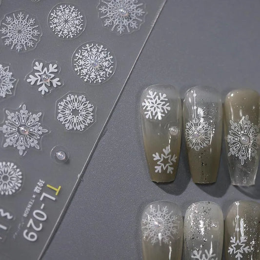 Winter Nail Art Stickers Adhesive Embossed Christmas Snowflake with Pearls Nail Decals TL029