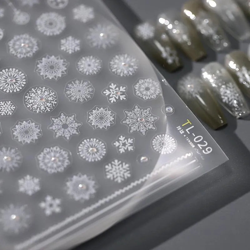 Winter Nail Art Stickers Adhesive Embossed Christmas Snowflake with Pearls Nail Decals TL029