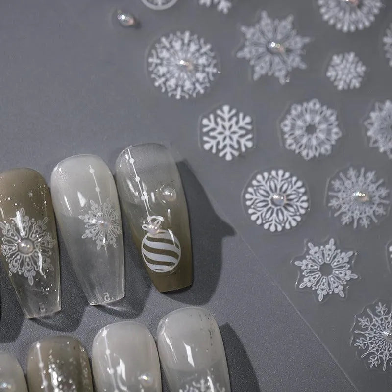 Winter Nail Art Stickers Adhesive Embossed Christmas Snowflake with Pearls Nail Decals TL029