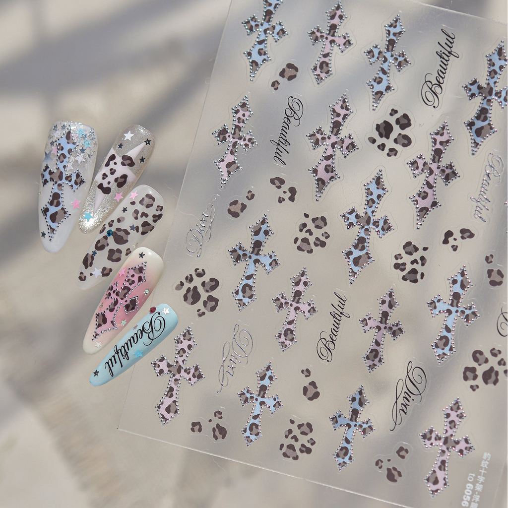 Y2K Bling Leopard Print & Cross Nail Stickers 6031
