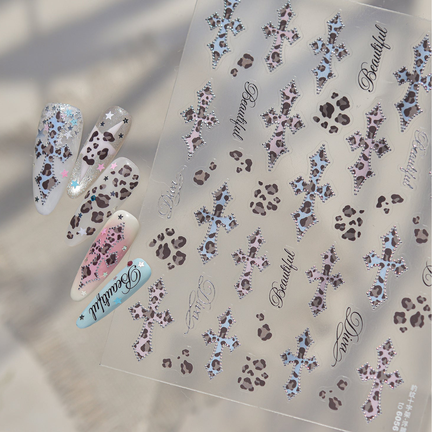 Y2K Bling Leopard Print & Cross Nail Stickers 6031