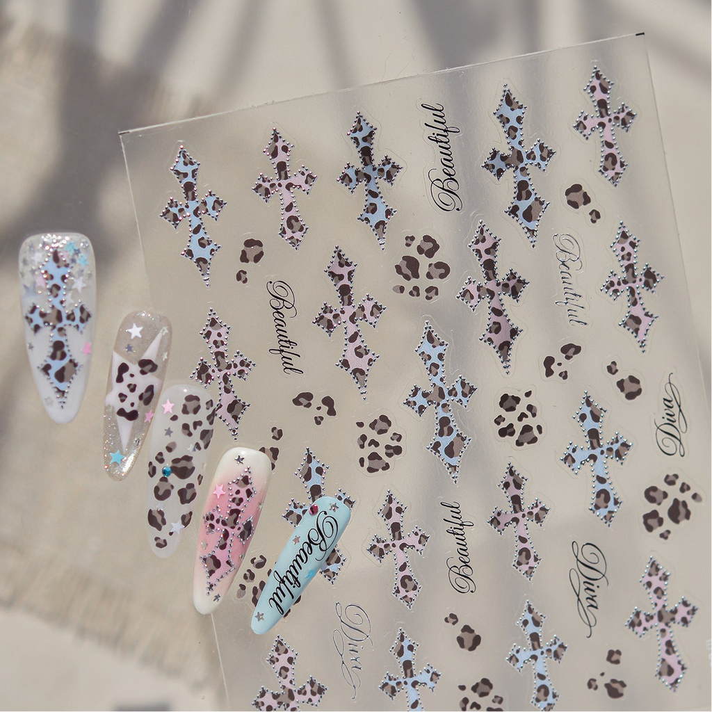 Y2K Bling Leopard Print & Cross Nail Stickers 6031