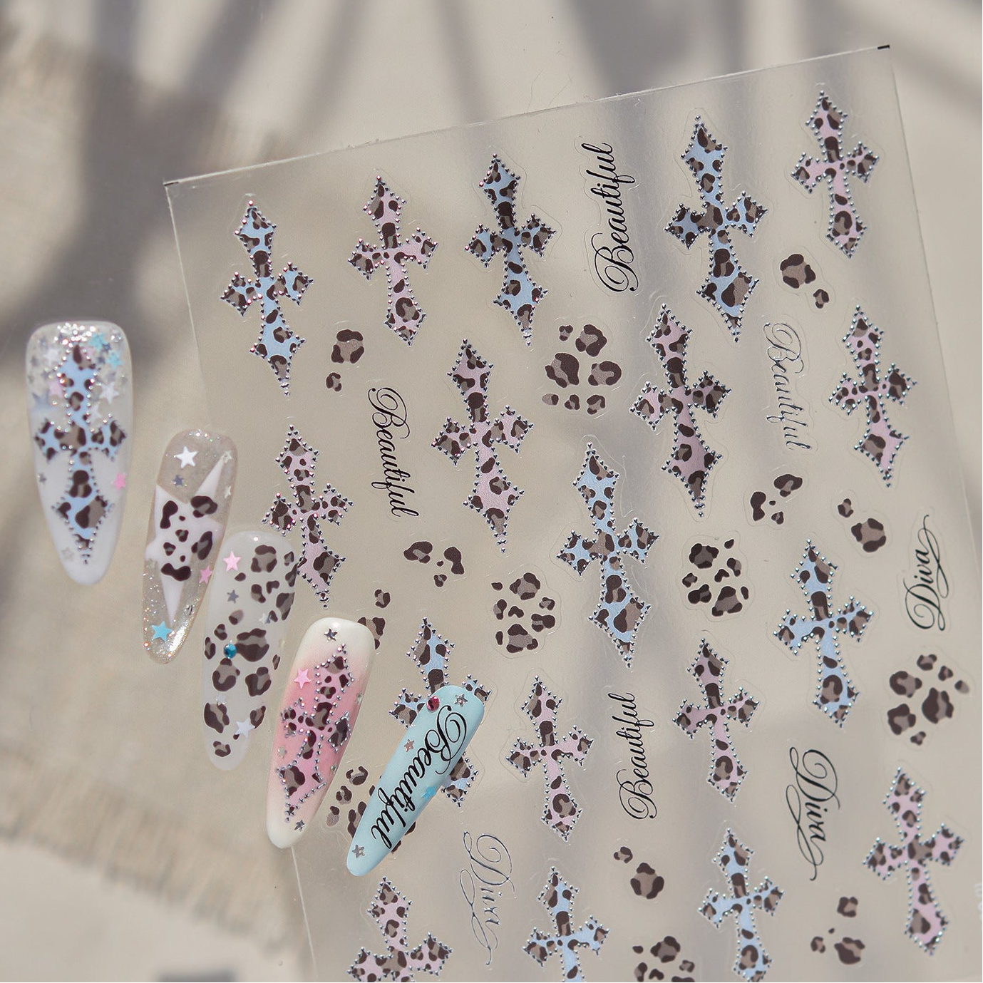 Y2K Bling Leopard Print & Cross Nail Stickers 6031