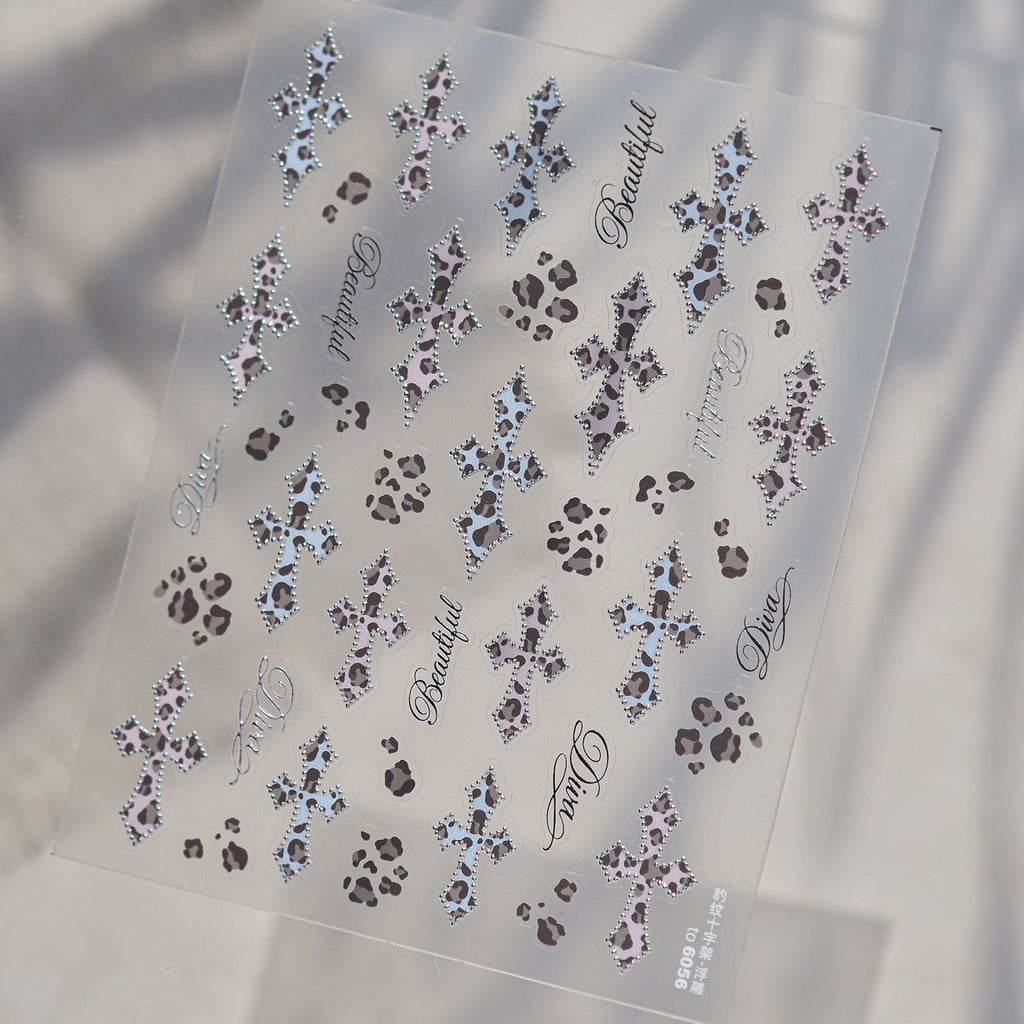 Y2K Bling Leopard Print & Cross Nail Stickers 6031
