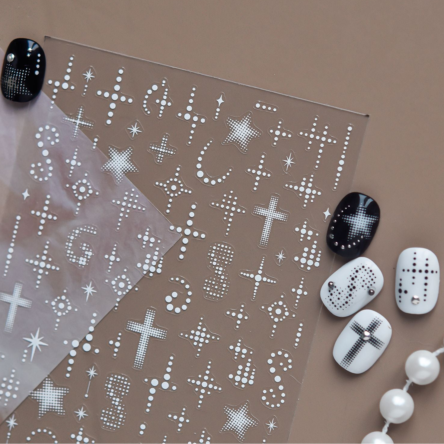 Y2K Cyber Grunge Nail Stickers - Black & White Halftone Cross Decals