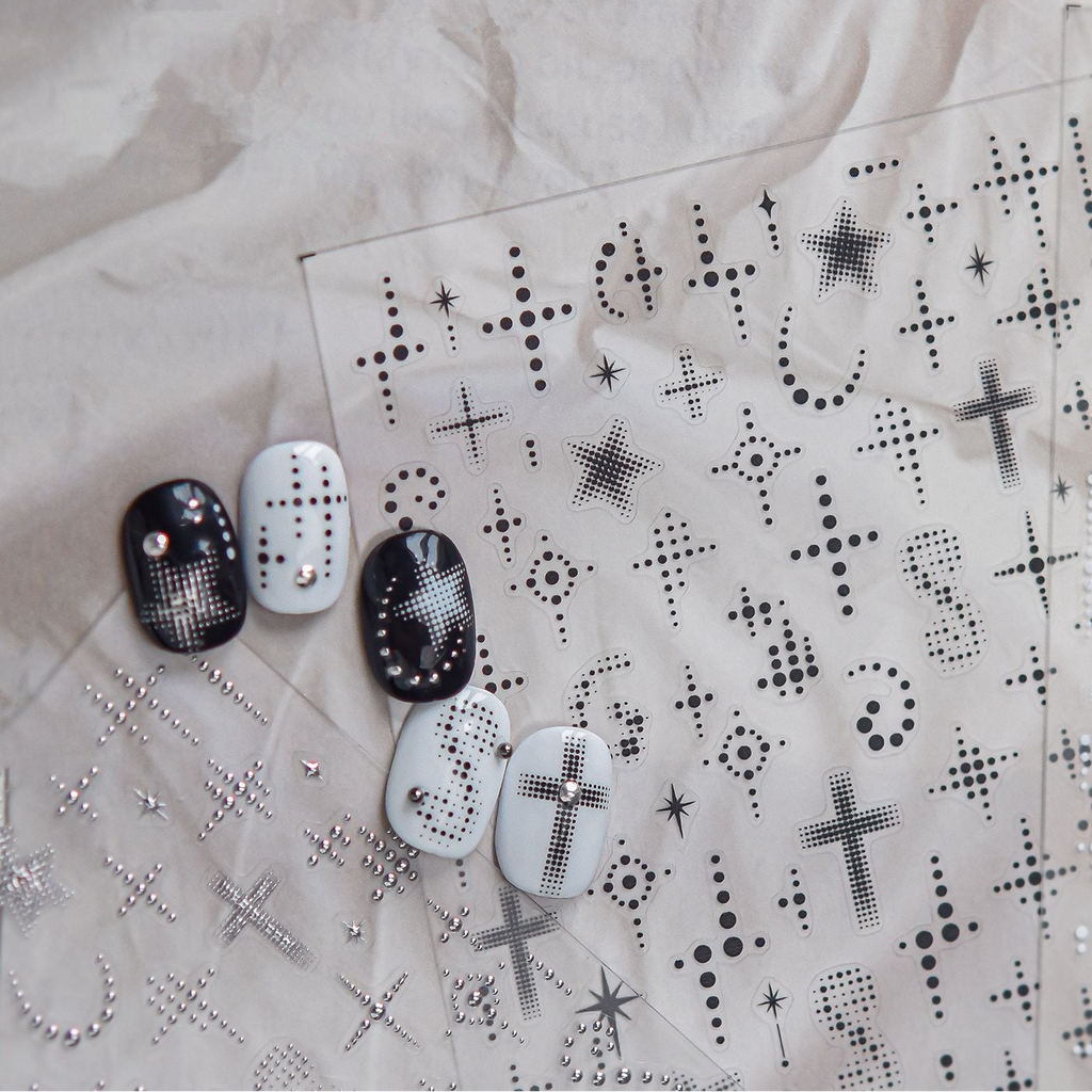 Y2K Cyber Grunge Nail Stickers - Black & White Halftone Cross Decals