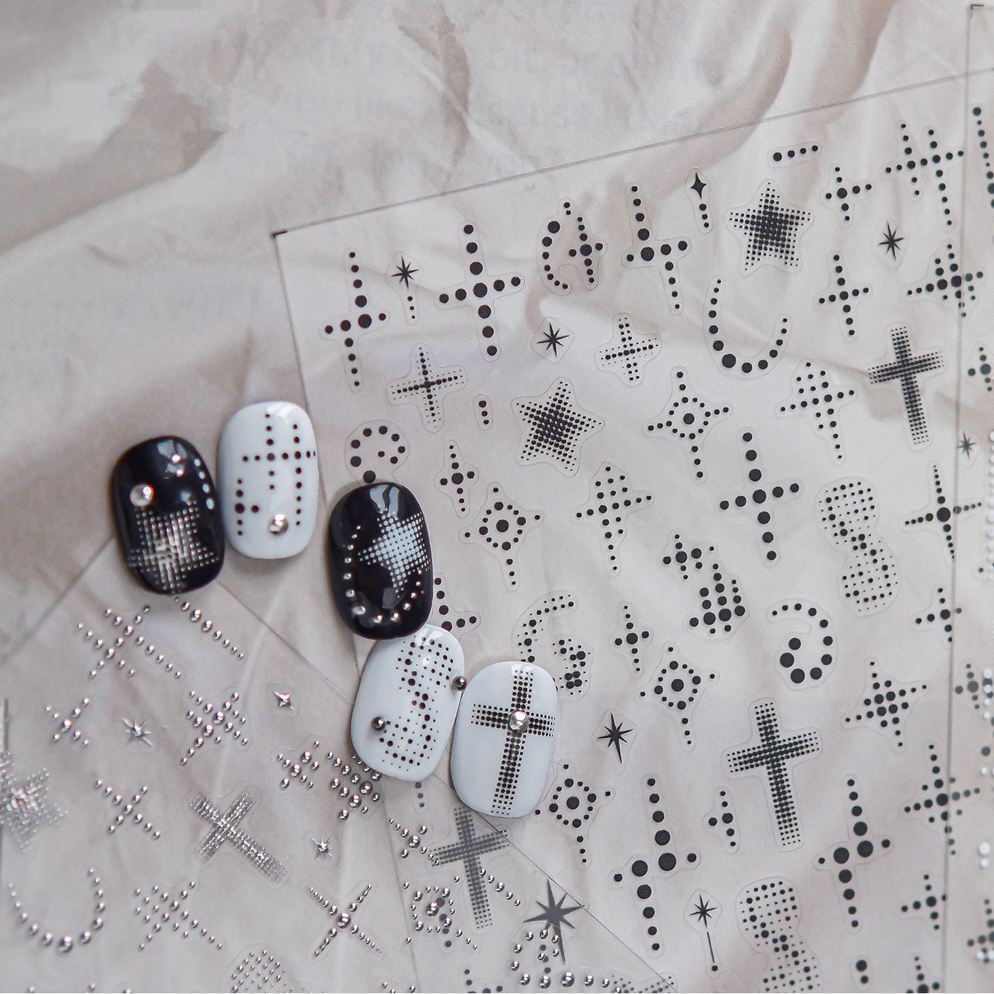 Y2K Cyber Grunge Nail Stickers - Black & White Halftone Cross Decals