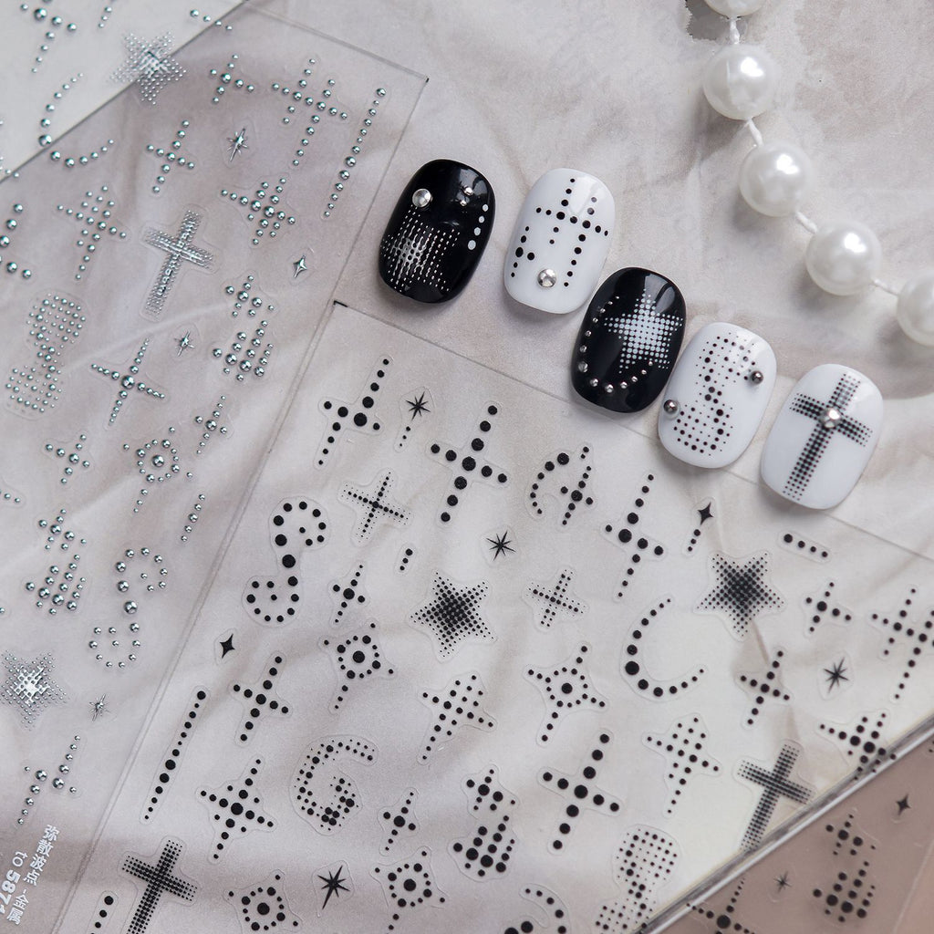 Y2K Cyber Grunge Nail Stickers - Black & White Halftone Cross Decals