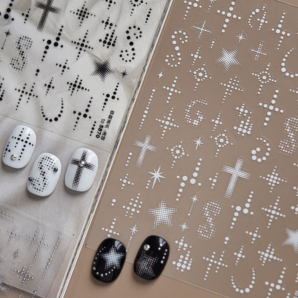 Y2K Cyber Grunge Nail Stickers - Black & White Halftone Cross Decals