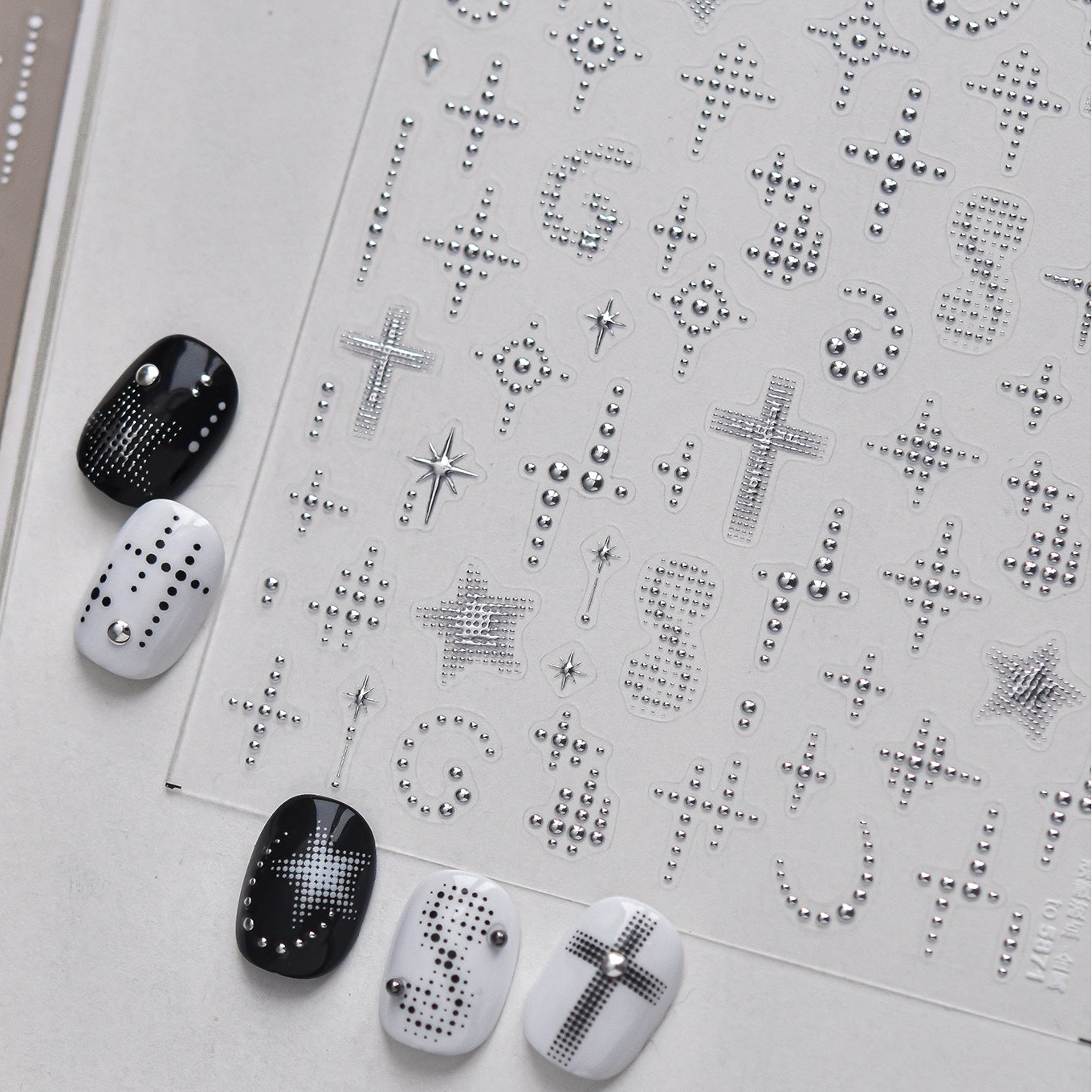 Y2K Cyber Grunge Nail Stickers - Black & White Halftone Cross Decals