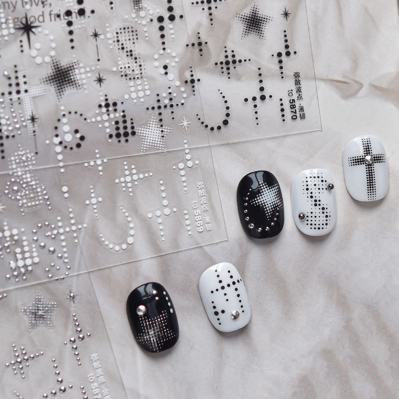 Y2K Cyber Grunge Nail Stickers - Black & White Halftone Cross Decals