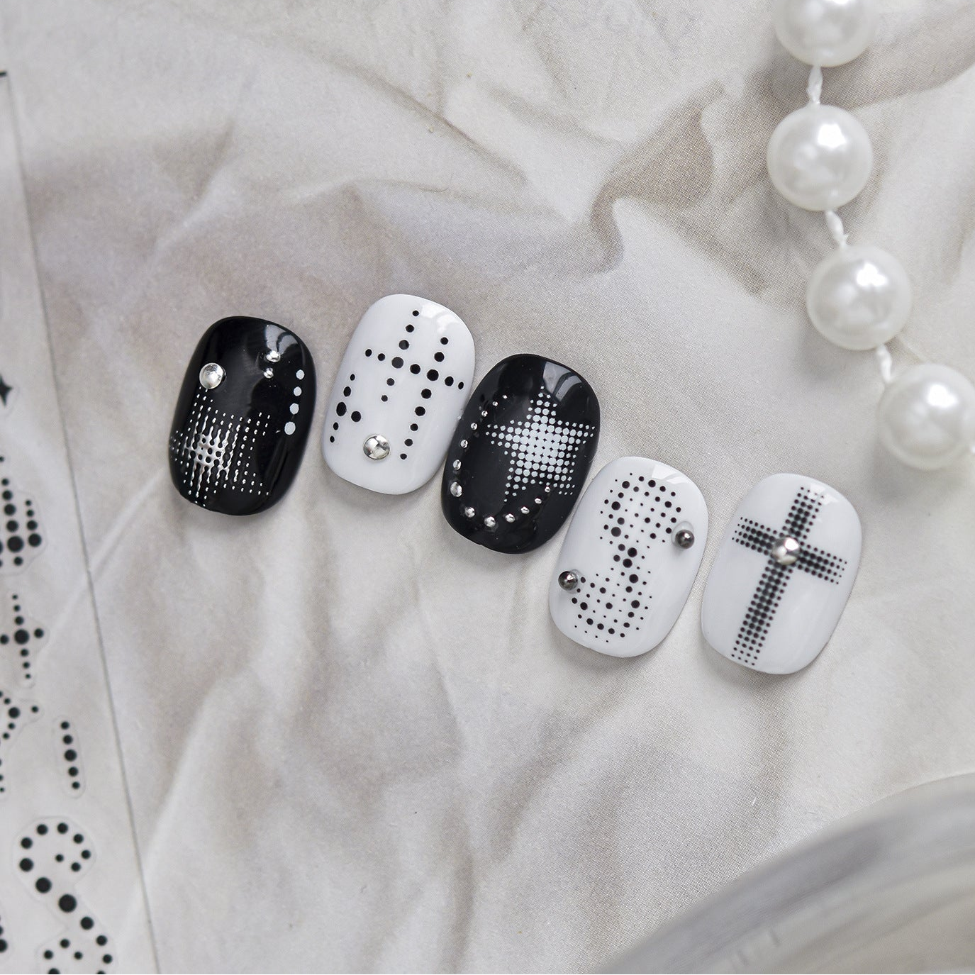 Y2K Cyber Grunge Nail Stickers - Black & White Halftone Cross Decals