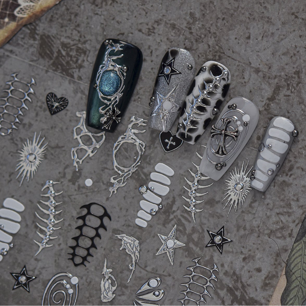Y2K Edgy Silver Punk Nail Art Stickers - Gothic Metal Rivet Decals 