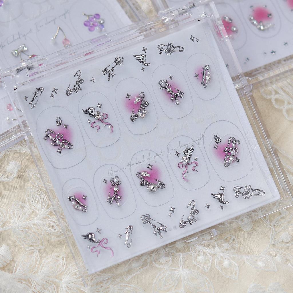 Y2K Metal Charm Rhinestone Nail Stickers – Pre-Arranged Self-Adhesive Nail Gems MD038