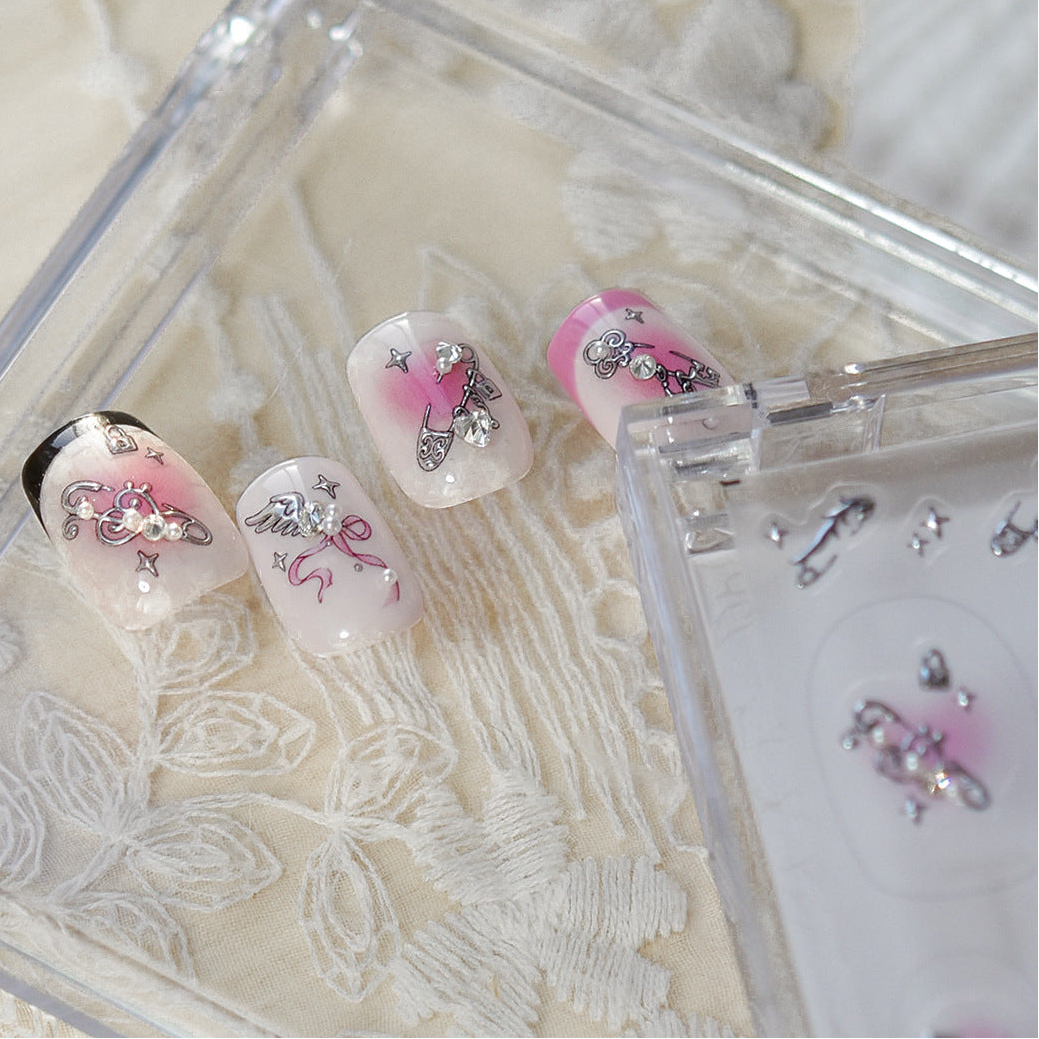 Y2K Metal Charm Rhinestone Nail Stickers – Pre-Arranged Self-Adhesive Nail Gems MD038