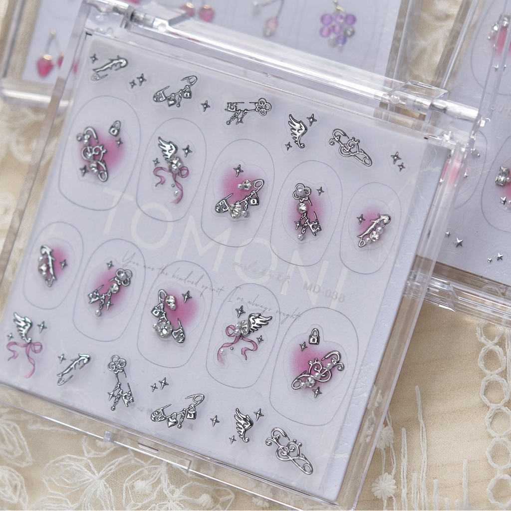 Y2K Metal Charm Rhinestone Nail Stickers – Pre-Arranged Self-Adhesive Nail Gems MD038