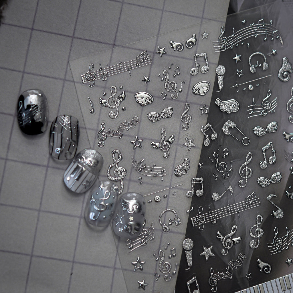 Y2K Metal Silver 3D Nail Stickers - Bowknot, Heart & Cross Decals 