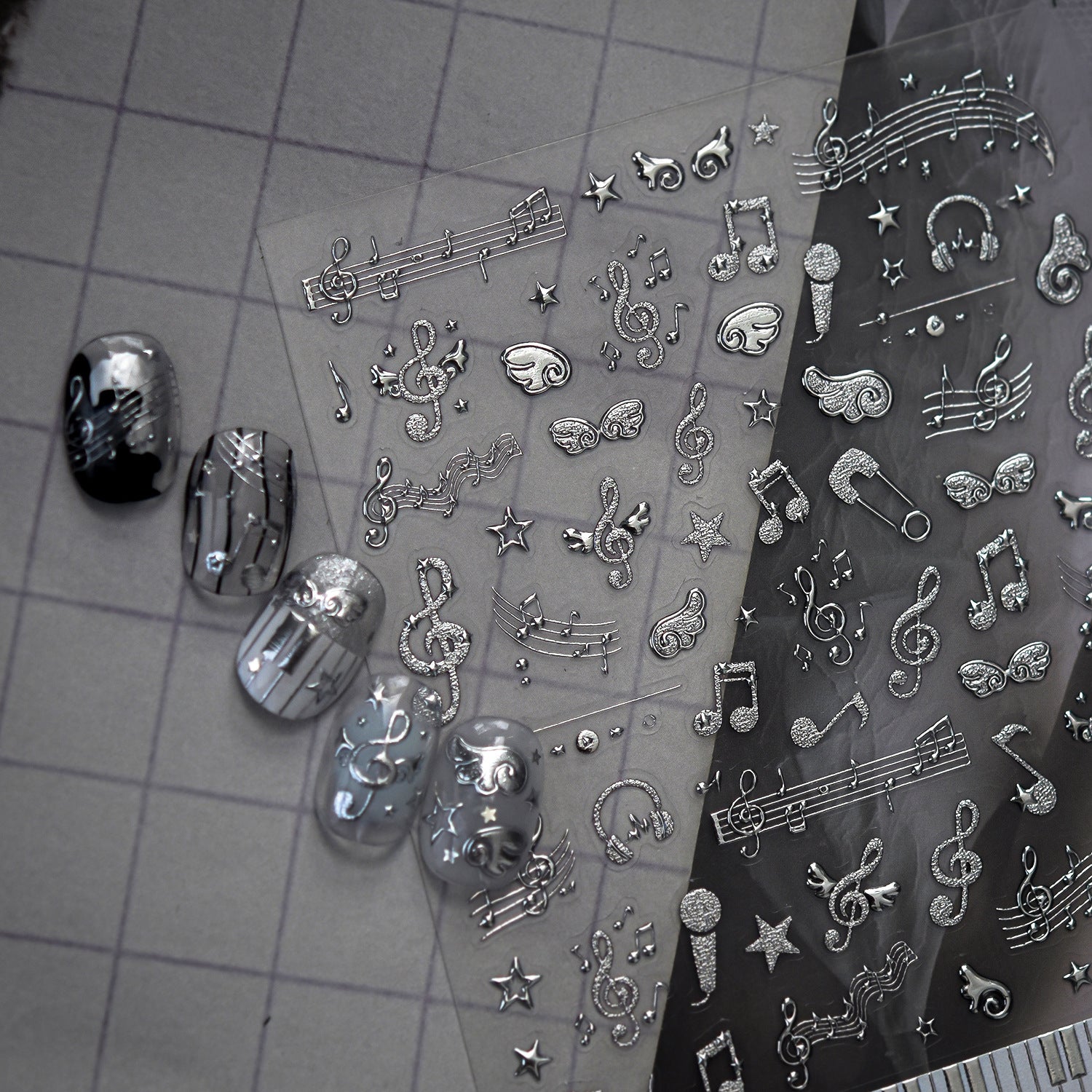 Y2K Metal Silver 3D Nail Stickers - Bowknot, Heart & Cross Decals 