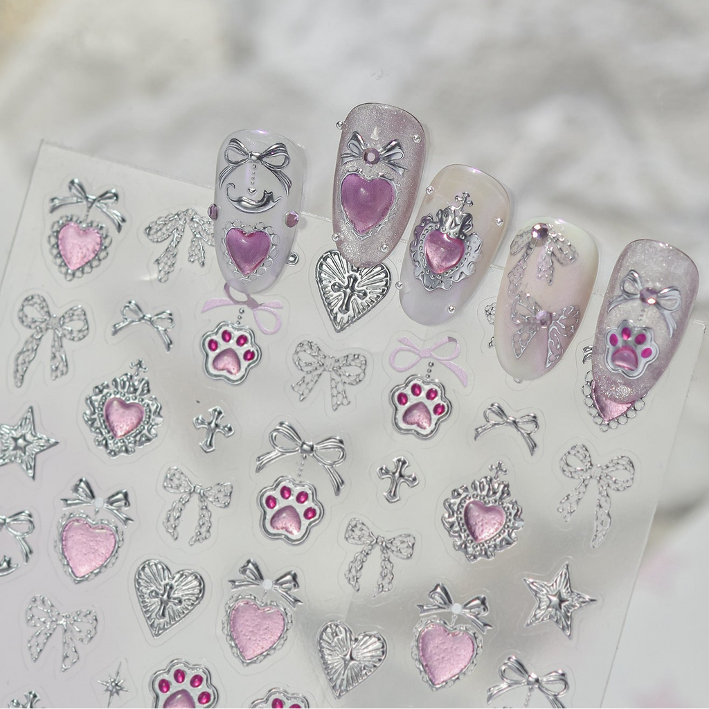 Y2K Metal Silver 3D Nail Stickers - Bowknot, Heart & Cross Decals