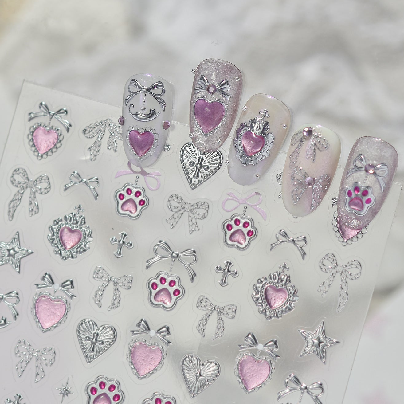 Y2K Metal Silver 3D Nail Stickers - Bowknot, Heart & Cross Decals