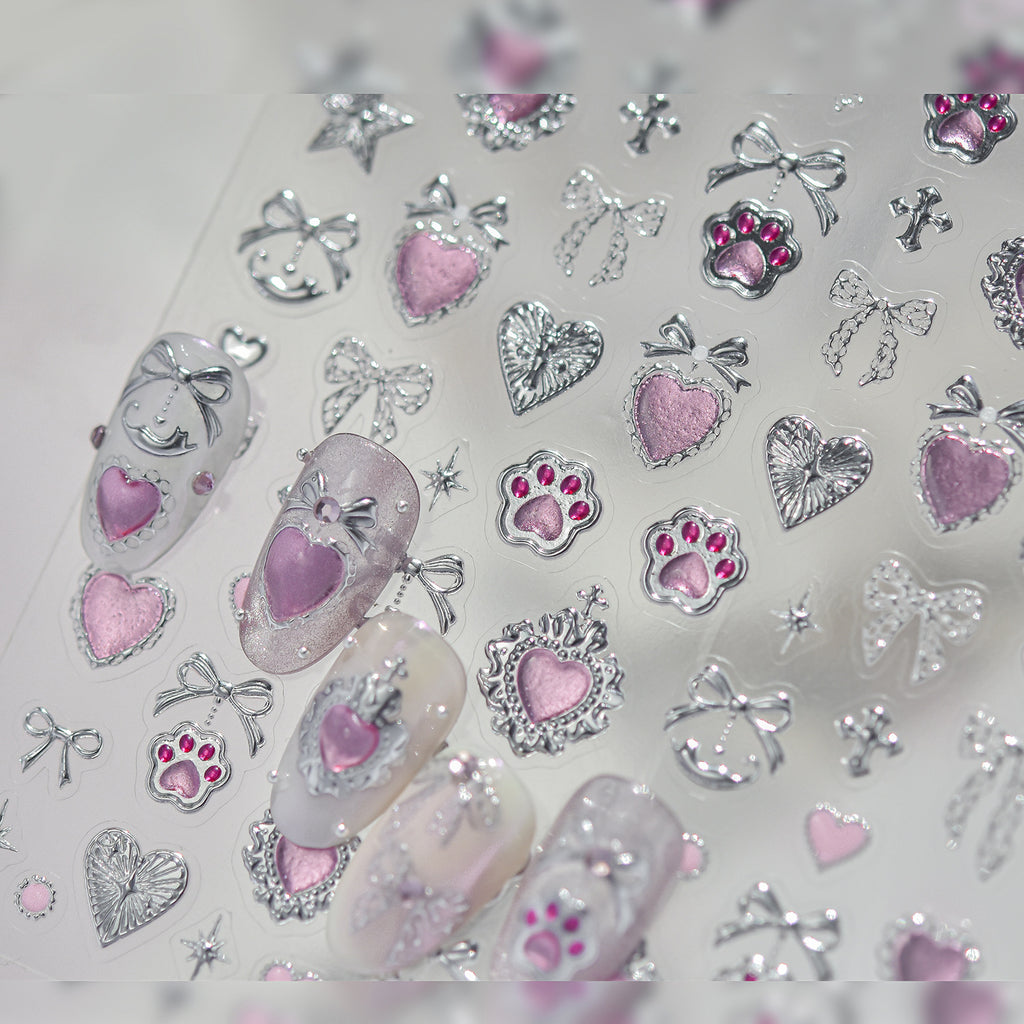 Y2K Metal Silver 3D Nail Stickers - Bowknot, Heart & Cross Decals
