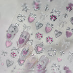 Y2K Metal Silver 3D Nail Stickers - Bowknot, Heart & Cross Decals