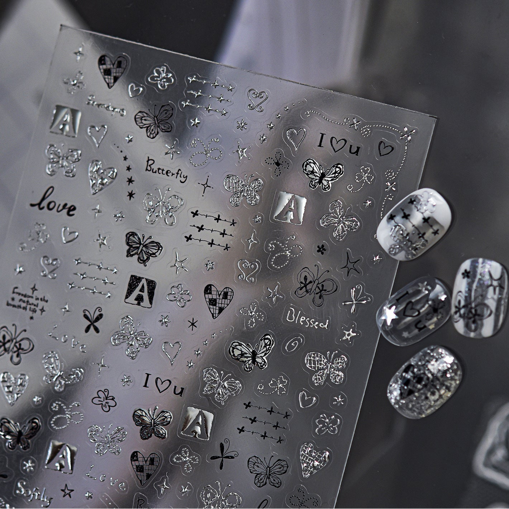 Y2K Metal Silver 3D Nail Stickers - Bowknot, Heart & Cross Decals