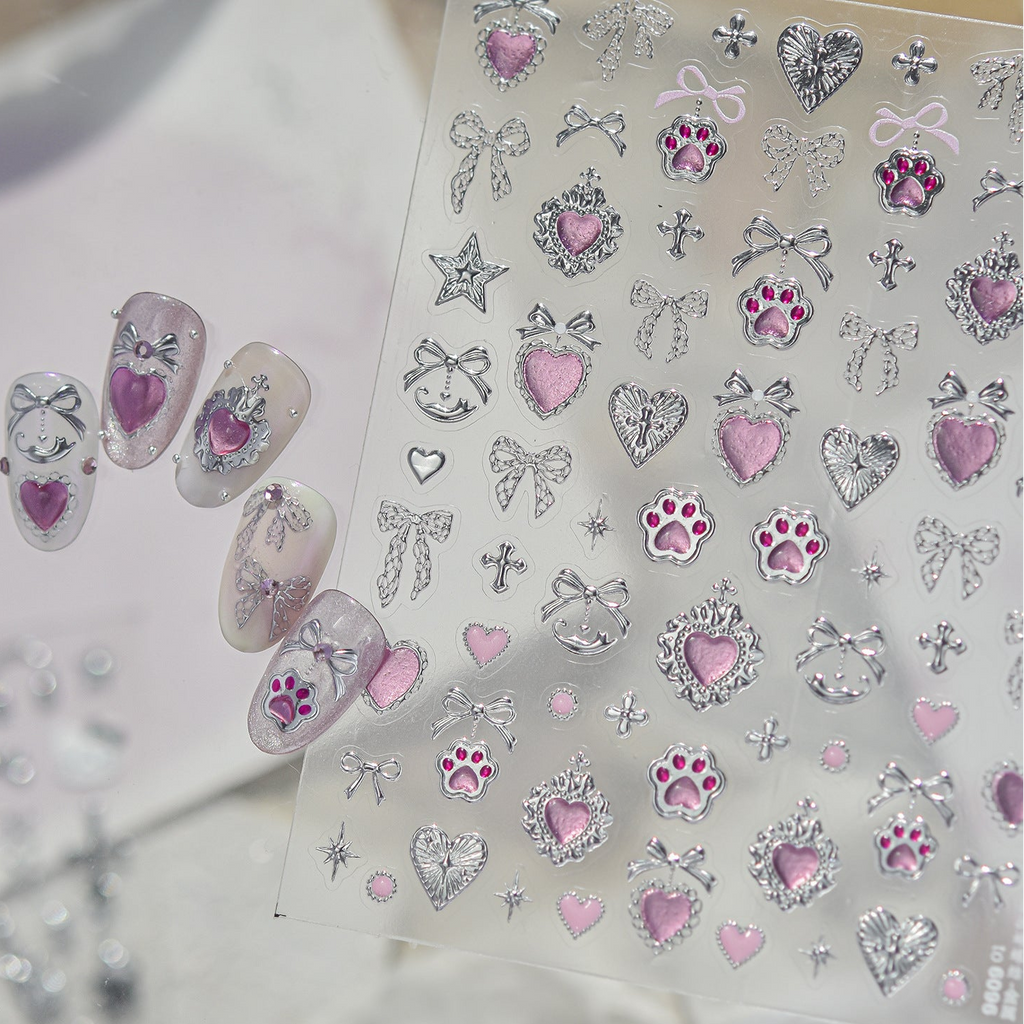 Y2K Metal Silver 3D Nail Stickers - Bowknot, Heart & Cross Decals 6096