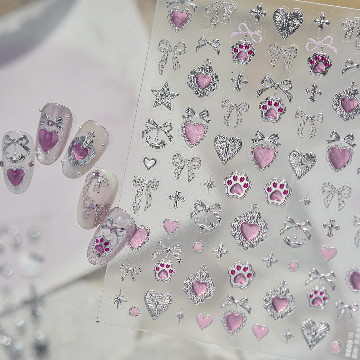 Y2K Metal Silver 3D Nail Stickers - Bowknot, Heart & Cross Decals 6096