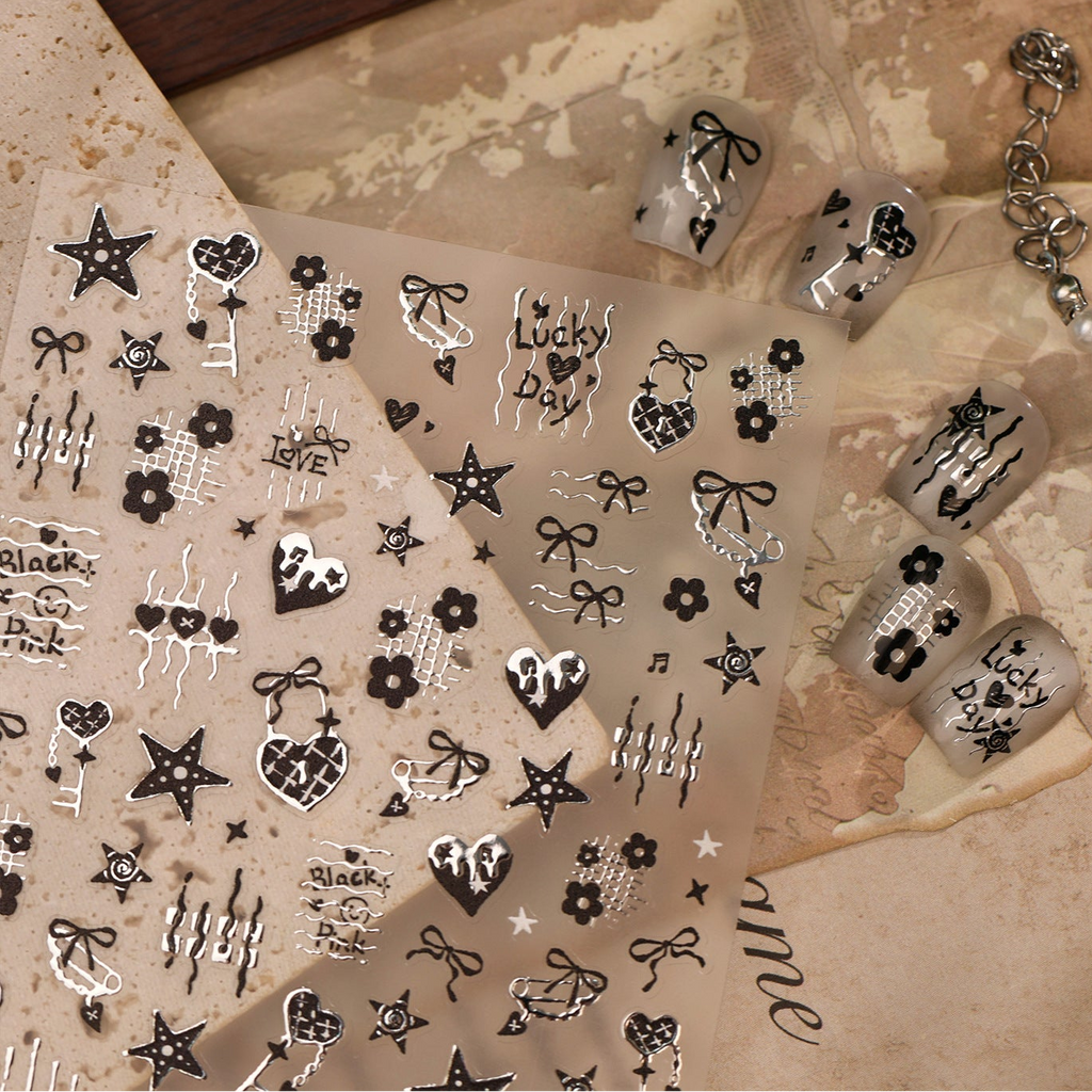 Y2K Metallic Chrome Heart & Star Nail Stickers 5918