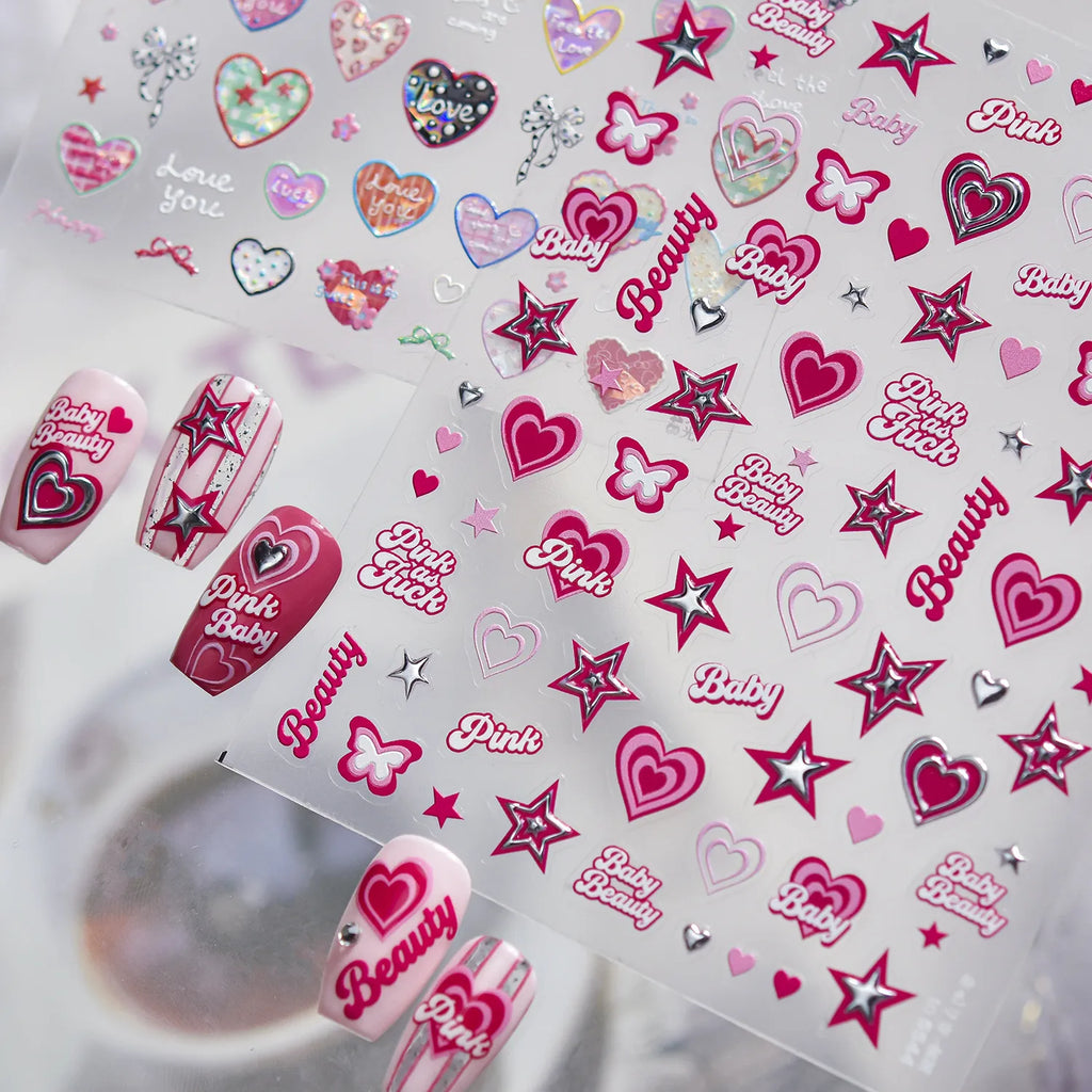 Y2K Pink Heart & Silver Star 3D Nail Art Stickers For Valentine's Day 5544