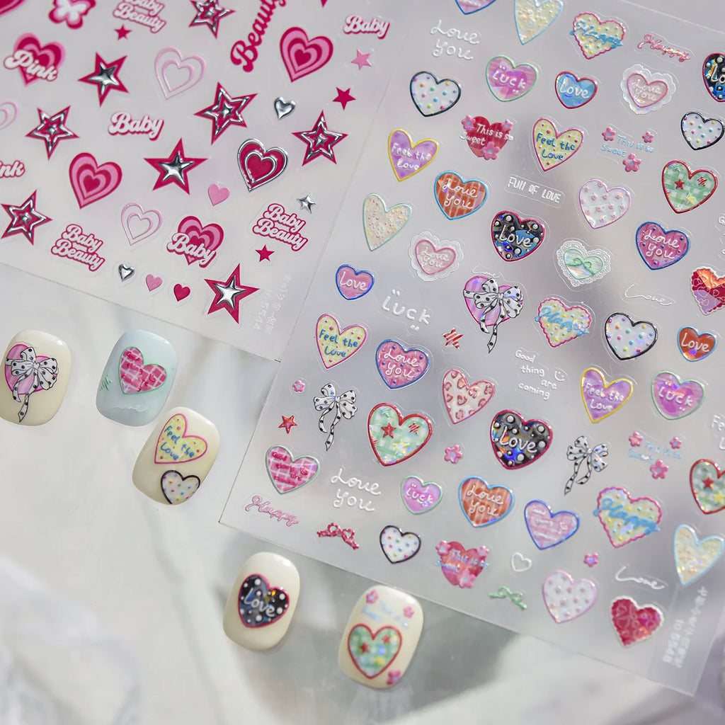Y2K Pink Heart & Silver Star 3D Nail Art Stickers For Valentine's Day 5544