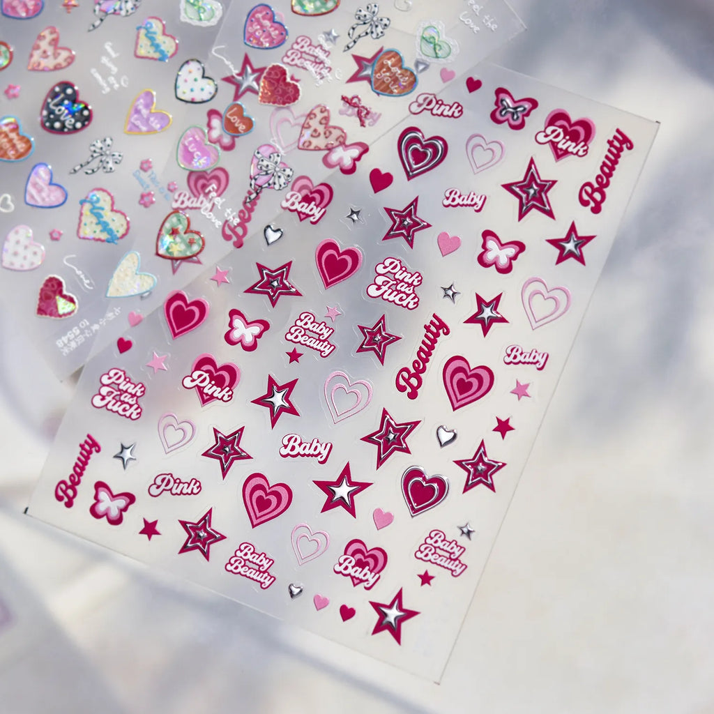 Y2K Pink Heart & Silver Star 3D Nail Art Stickers For Valentine's Day 5544