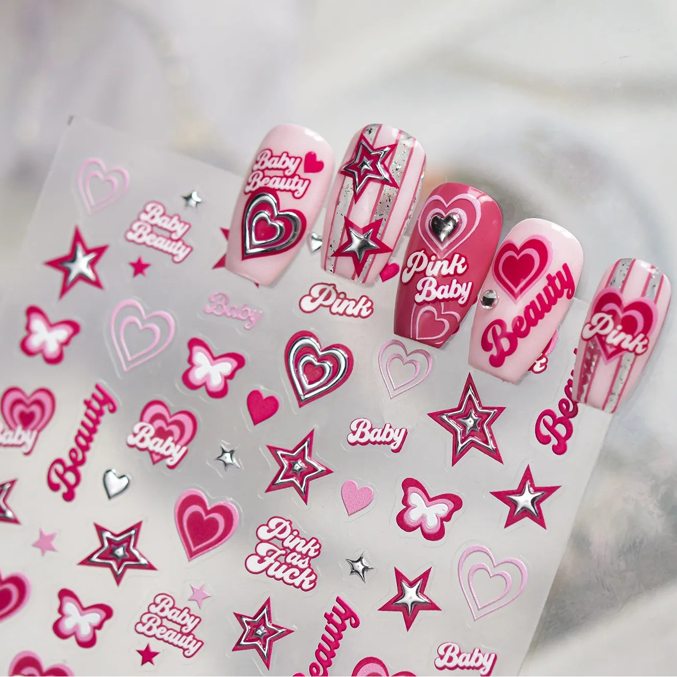 Y2K Pink Heart & Silver Star 3D Nail Art Stickers For Valentine's Day 5544