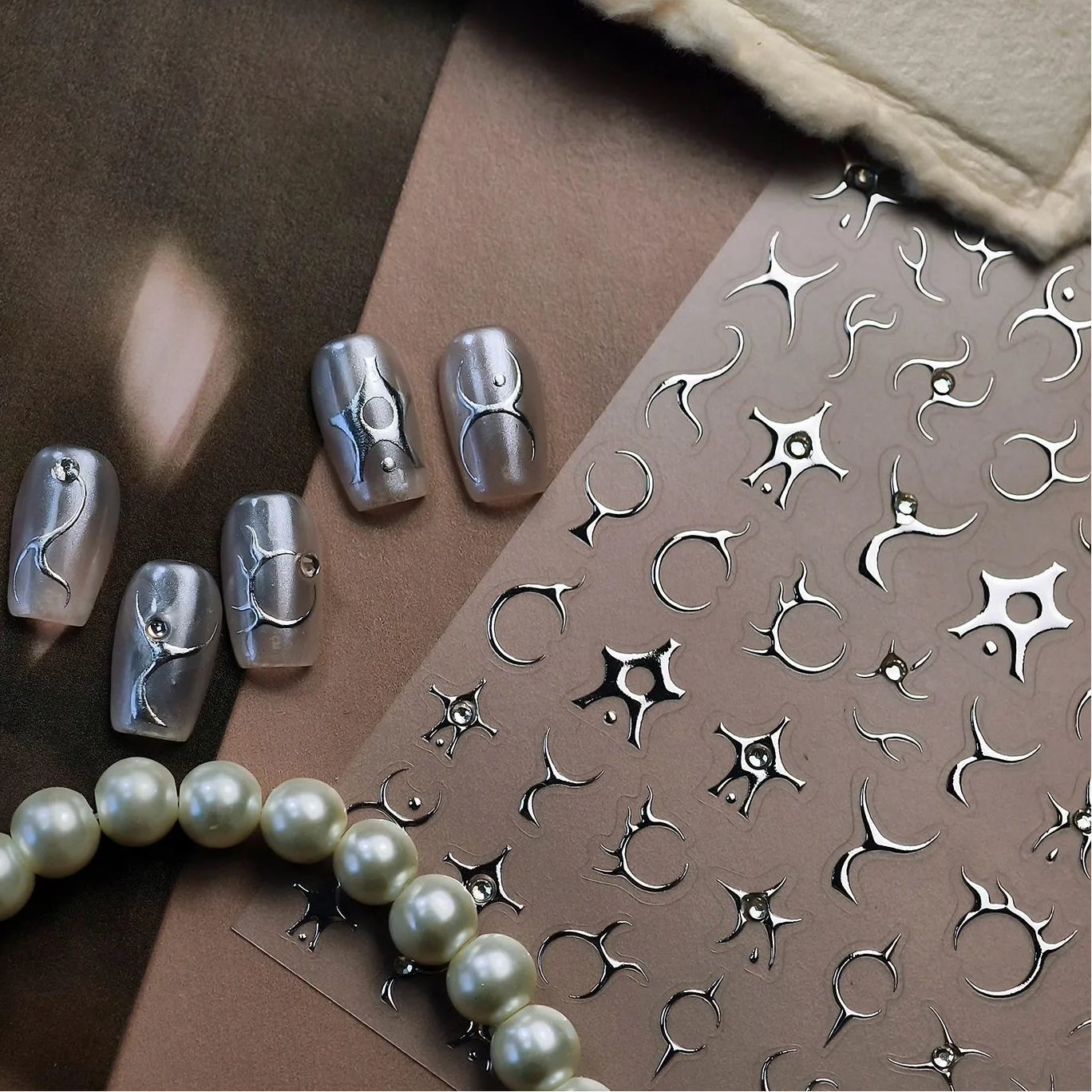 Y2K Silver Chrome 3D Nail Stickers - Gothic Abstract Metallic Decals TL395