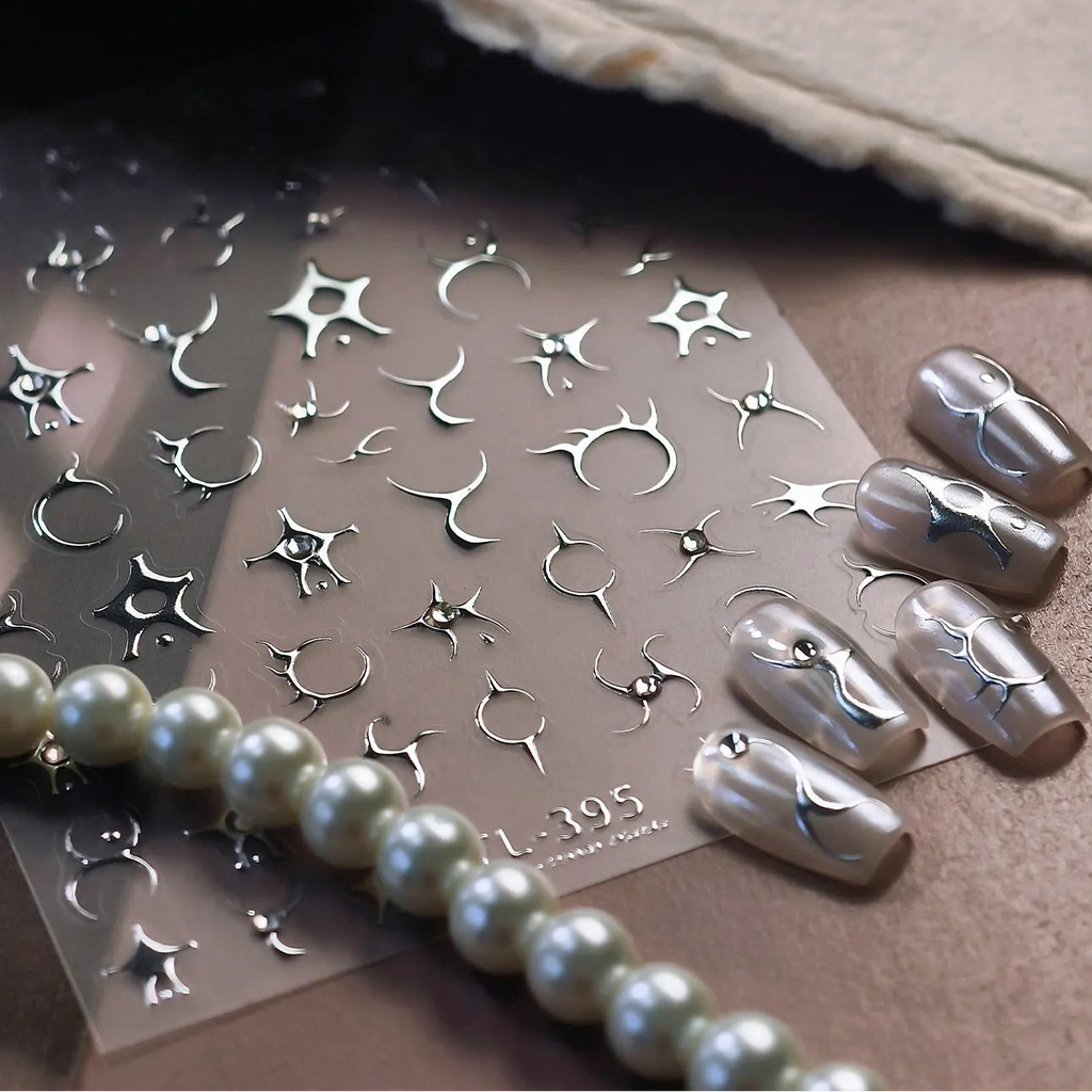 Y2K Silver Chrome 3D Nail Stickers - Gothic Abstract Metallic Decals TL395