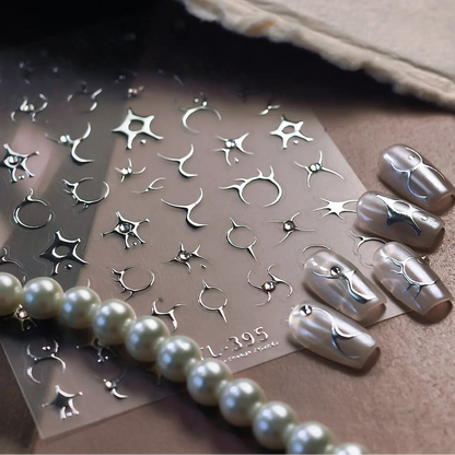 Y2K Silver Chrome 3D Nail Stickers - Gothic Abstract Metallic Decals TL395