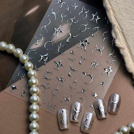 Y2K Silver Chrome 3D Nail Stickers - Gothic Abstract Metallic Decals TL395