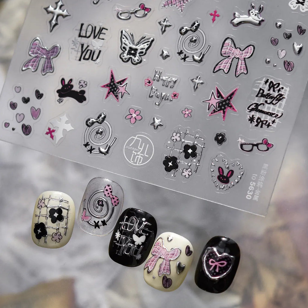 Y2K Silver Metallic Nail Stickers - Goth Bunny & Plaid Bow Decals 5630