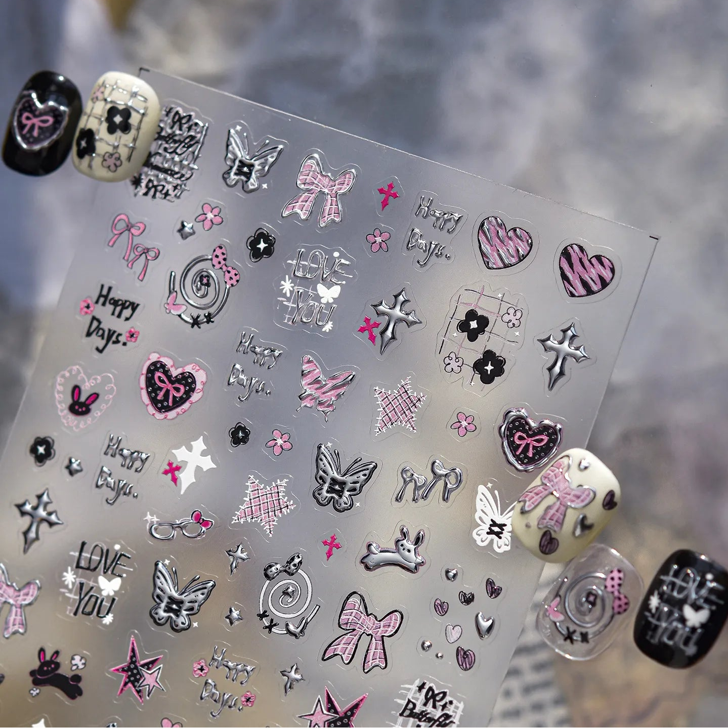 Y2K Silver Metallic Nail Stickers - Goth Bunny & Plaid Bow Decals 5630