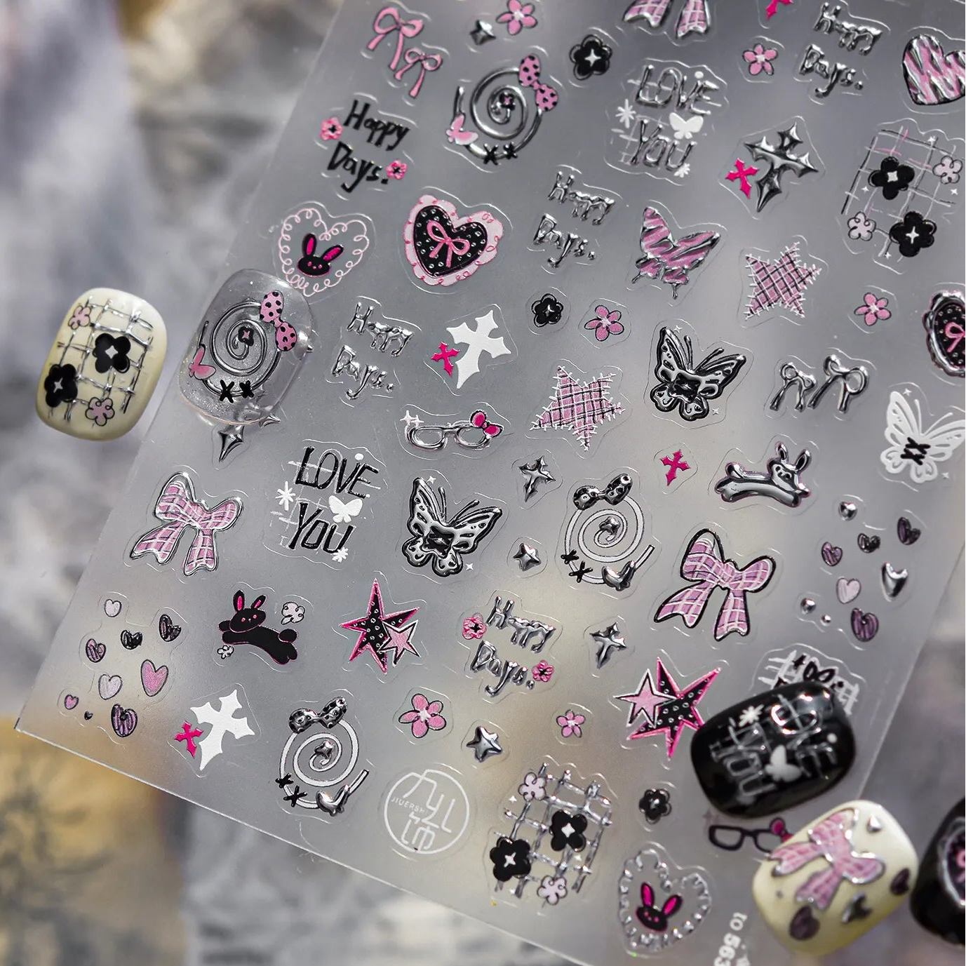 Y2K Silver Metallic Nail Stickers - Goth Bunny & Plaid Bow Decals 5630